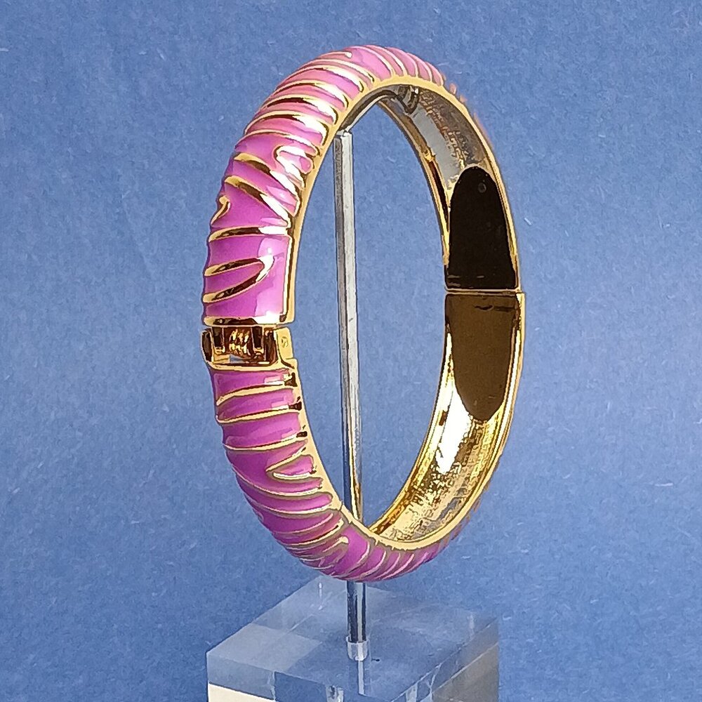 Branches Pattern Enamel Purple Gold Tone Hinge Bangle Clamper Round Bracelet